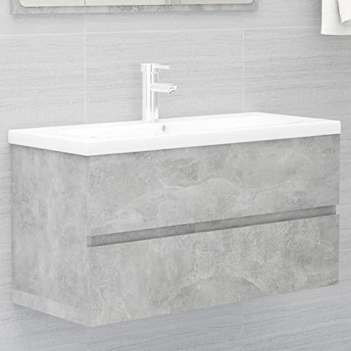 Vopese Bathroom Vanity Basin Sink Cabinet Unit High Gloss White Floor Standing Modern Storage Furniture for Bathroom and Cloakroom, Concrete Grey Engineered Wood
