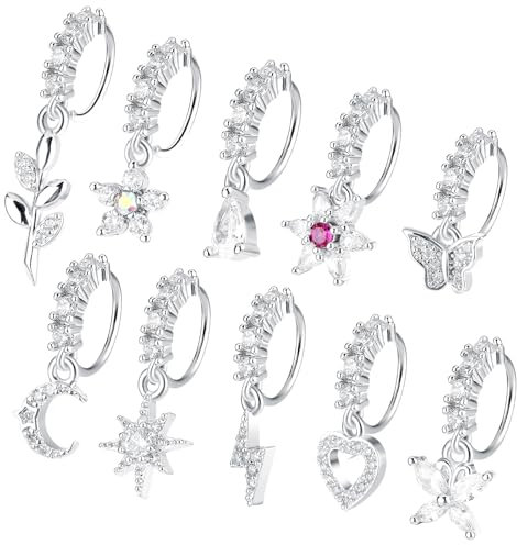Yolev 10 Stück Silber Nasenring Piercing Zirkon Nasenring mit Anhänger Helix Piercings Damen 20G Anhänger Nasenring mit Schmetterling Herz Stern Mond Niedlich Nasenring Schmuckset
