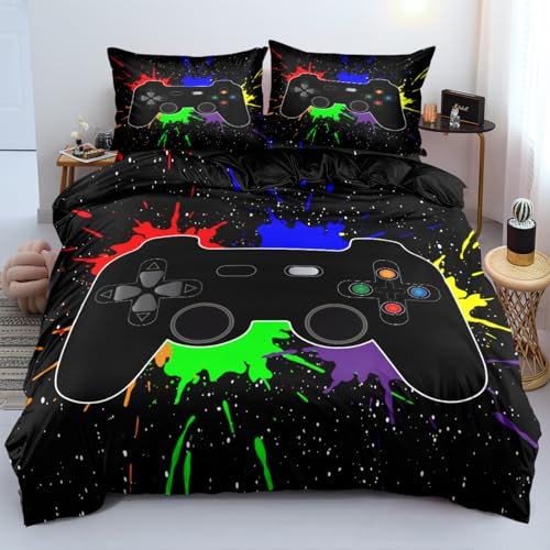 Gamer Bettwäsche 140x200 Jungen 3D Druck Weich Mikrofaser Kinderbettwäsche mit Reißverschluss und 1 Kissenbezug 70x90cm Gamepad Bettbezug-Set für Kinder Jungs Jugendliche