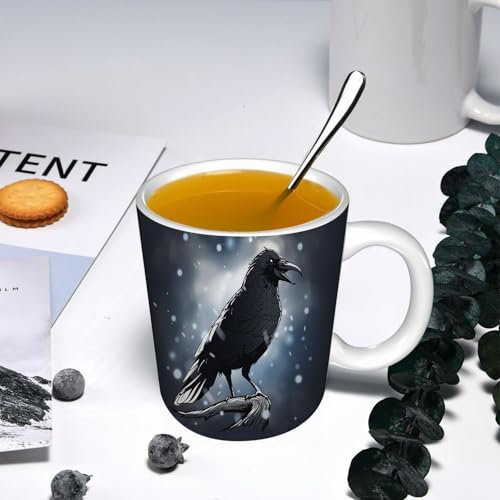 YOIUE Tasse aus Keramik - Große 11oz Tassen 330ml Kaffeetassen mit Henkel, 100% Handbemalt - Trinkgläser mit Griff - Weiß, Rabe