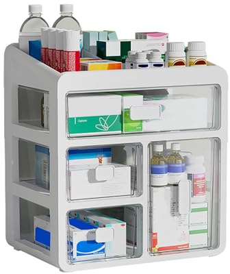 Felenny Desktop Organiser Medicine Box 4 Clear Drawers | Medicine Storage Box & Desktop Storage Box for Makeup Skincare Jewellery, Dressing Table Tidy for Home Office Bathroom