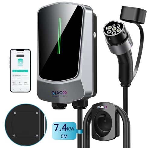QIAO)) 7.4kW EV Charger Type 2 with 5M Charging Cable, Wall Mount Electric Car Charger Station LED Display, Smart APP WiFi Bluetooth Enabled, Max. 32A AC Home EV Wallbox Charger with Cable Holder