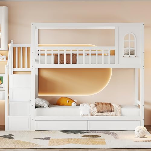 Letto a castello per bambini, 90 x 200 cm, in legno massello matrimoniale, a forma di casa con finestra, design di recinzione di sicurezza, con cassetti e scala di sicurezza, per ragazzi e ragazze,