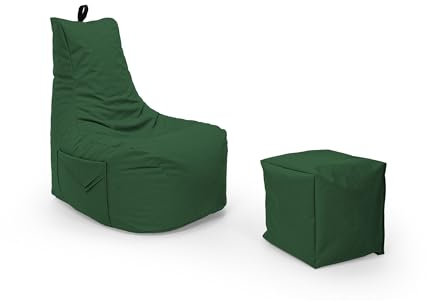 Nadimaideal Gamer Sitzsack Komfort XL - XXL für Kinder, Teenager & Erwachsene | Indoor & Outdoor | Sitzsack Gaming | Füllung EPS Perlen (Dunkelgrün, Sitzsack XL mit Hocker)
