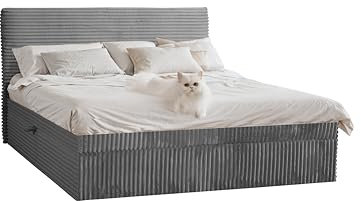 Kaiser Möbel - Bett 180x200 cm, Boxspringbett mit Bettkasten und Topper, Cord Schlafzimmerbett, Doppelbett mit Stauraum und Gepolstertes Kopfteil, Toppermatratze aus Viscoschaum - Trento - Dunkelgrau