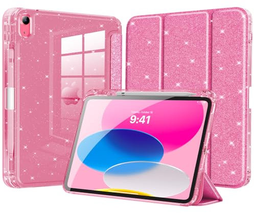 MoKo Custodia per iPad (A16) 11a Gen 11 2025/10a Gen 10,9 2022, Custodia Scintillante con Portapenne, Cover Sottile con Glitter Guscio Posteriore Trasparente, Auto Sveglia/Sonno,Rosa Glitterato