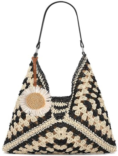 2025 Summer Straw Bag, Hobo Beach Shoulder Bag for Women, Vintage Lightweight Foldable Tote for Travel, Work (Black)
