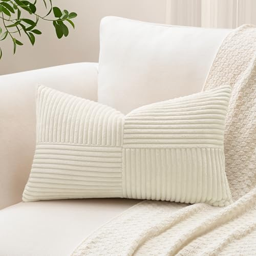 Sungeek 1 Stück Cord Kissenbezug, Kreuz Streifen Muster Kordsamt Kissenbezüge Sofakissen Dekokissen Patchwork Design Deko Zierkissenbezüge Kissenhülle für Wohnzimmer (40x60cm, Cremeweiß)