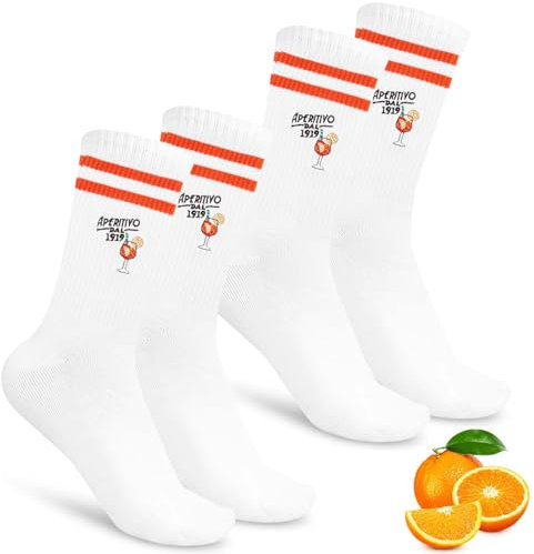 Chaussettes Aperol Spritz, Coton Blanc avec Motif Verre à Vin, Unisexe Sport/Tennis/Foot, Cadeau Original pour Amateurs d'Aperol (FR/ES, Numérique, 36, 42, Taille normale, Taille normale, 2 Pairs)
