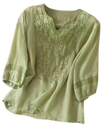 Summer Womens Large Size Cotton Linen Loose Tops Ladies T-Shirts Puff Sleeve Elegant Sales Embroidered Top for Women Floral Cotton Linen Tunic Tshirt Tee Women Essentials Tee Button Boho Ethnic