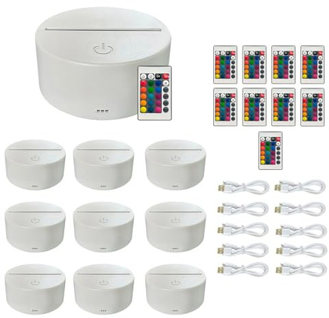 LEOLUX Baseled-Set 10 Basi LED RGB con Telecomando e Cavo USB – Base Luminosa per Luci 3D Acriliche, Multicolore, Touch & Telecomando, Ideale per Decorazioni e Regali
