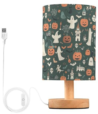 Fuauuyl Happy Halloween Lampada da tavolo con porte di ricarica USB Lampade da comodino per camera da letto lampada con paralume rotondo in tessuto di lino per soggiorno dormitorio camera da letto