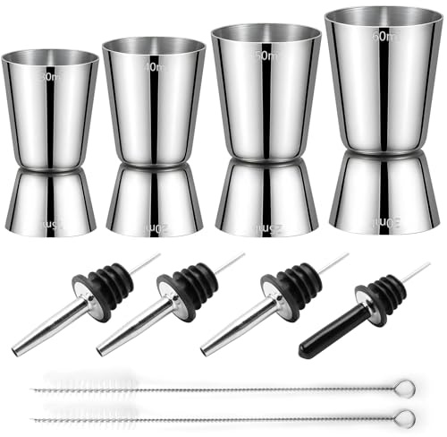Cocktail Jigger Messbecher Edelstahl Barmaß 3cl/4cl/5cl/6cl Gin Measuring Cups Set Klein Doppelmaß Jigger mit 4 Flaschenausgießer 3 Bürste Zubehör für den Barkeeper