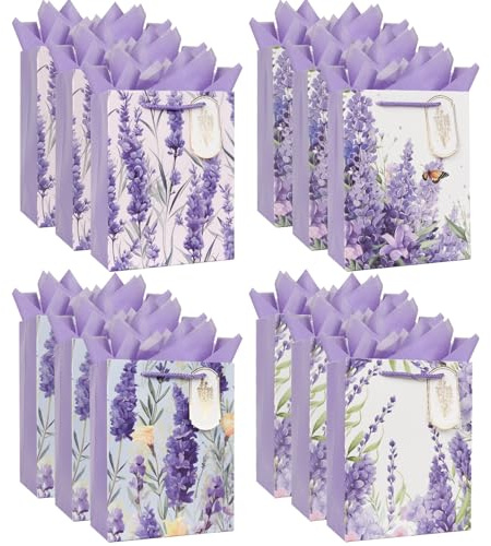 12Pack Medium Gift Bags Sets,Purple Lavender Design,18 x 23 x 10CM