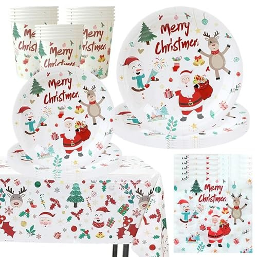 Vajilla de Fiesta de Navidad,51 Decoraciones de Fiesta de Navidad,Juego de Vajilla de Platos de Fiesta,Tazas,Servilletas, Manteles - 10Invitados