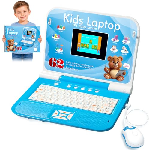 Computer educativo per bambini, colore blu, display a colori, mouse per imparare l'inglese, 62 attività, giochi di matematica, regalo educativo per ragazze dai 5 anni in su