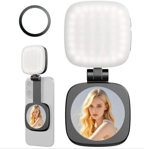 Luce LED magnetica con specchio integrato per smartphone - lampada ricaricabile portatile con temperatura colore regolabile, attacco magnetico, luce calda/fredda per selfie, video e trucco (Nero)