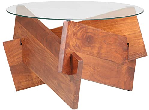 Teenpull Couchtisch 60 cm Massivholz Akazie, Honigbraun Finish, Runder Kaffeetisch mit Glasplatte, Wohnzimmertisch für Zuhause, Langlebig