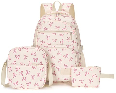 Aucuu Aesthetic School Bag for Girls, 3PCS Bow School Bags, Cute Backpack Sets, School Bag with Crossbody Bag & Wallet, Water Resistant Lightweight Bookbag, Kawaii Rucksack for Teens Girls Boys