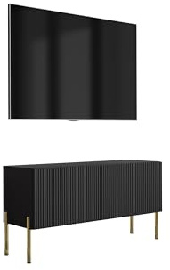 3E 3xE living.com TV-Schrank mit geriffelter Front, Mattschwarz, gerade goldene Beine, 100 × 32 × 52 cm