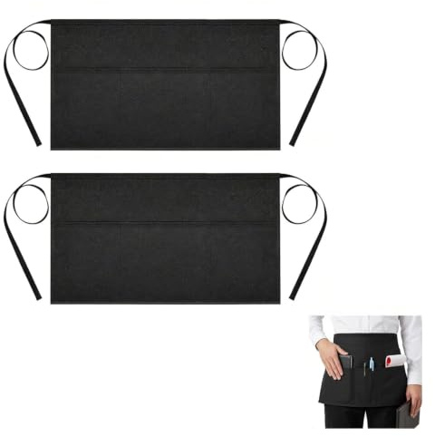 2 Pcs Waitress Apron With Pockets,Black Half Aprons for Women Short,Server Waist Pouch Cleaning Apron Canvas,Barista Apronbaking Work Half-Length Aprons,Pocket Pinny for Adults Bar Kitchen Workwear