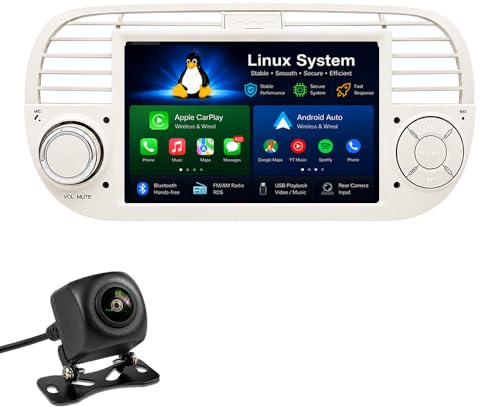 Linux Car Stereo for FIAT 500 Abarth 2007-2015, Wireless Apple CarPlay Android Auto Head Unit, 7 Inch Touchscreen Sat Nav via Phone, Bluetooth, RDS Radio DSP, SWC, Rear View Reversing Camera (White)
