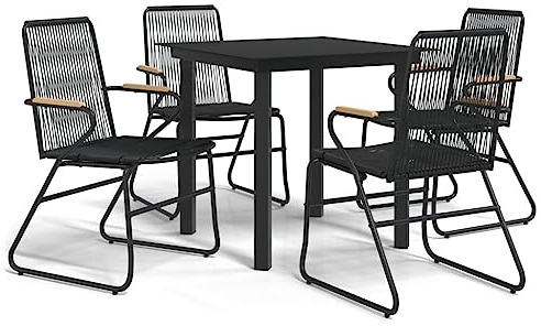 HETFTJN Juego de muebles de jardín de 5 piezas, color negro, PVC, ratán, con mesa de cristal y 4 sillas de jardín, para terraza, balcón y exterior