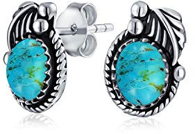 Ohrstecker im Stil der amerikanischen Ureinwohner mit stabilisiertem Türkis-Edelstein, ovaler Fassung, Blatt- und Seilkante, Western-Schmuck für Frauen, oxidiertes .925 Sterlingsilber