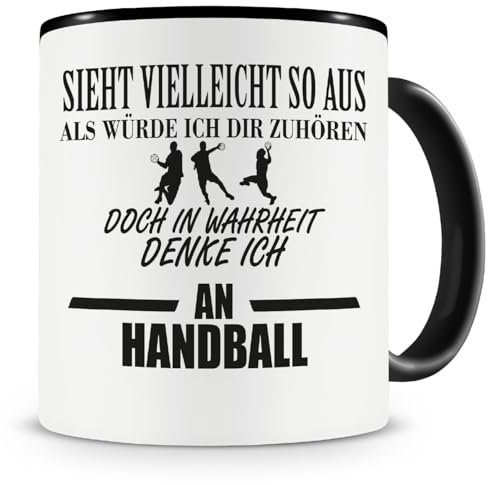 Samunshi® Ich denke an Handball Tasse Kaffeetasse Teetasse Kaffeepott Kaffeebecher Becher H:95mm/D:82mm schwarz
