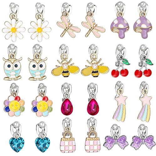 PinkSheep Clip On Ohrringe für kleine Mädchen Kinderschmuck 12 Paare Geschenk für 4/5/6/7/9/10 Jahre alt Fliege Honigbiene Blume Ohrring