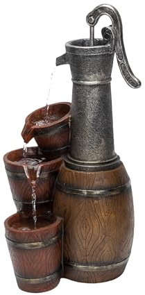 Alpine Corporation 24 Tall Outdoor 3-Tier Vintage Pump Barrel Fountain Yard Art Decor