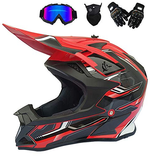 Motocross Helm Schwarz Rot, Motorrad Crosshelm mit Brille (4 Stück) Fullface Helm MTB Pro Cross Helm Motorradhelm Downhill Bike Mountainbike BMX Off Road ATV Cross-Country,L