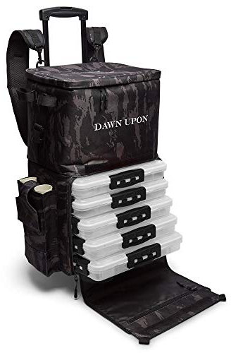 Dawn Upon Angelrucksack mit Rollen, extra groß, Kühlfach, Angelrutenhalter, anpassbare Angelbox, wasserdicht, langlebig, geräumig, Camping, Wandern, Angeln, Grau Camo