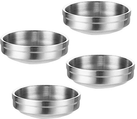 4 mini piattini a due piani in acciaio inox, ciotole rotonde per condimenti per sushi, piattini per insalata, piatti per antipasto, piatto laterale, patatine fritte, ketchup (99,2 g, argento)