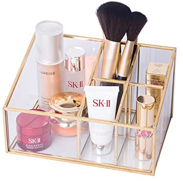 HARLIANGXY Make up Kosmetik Organizer Gold, Make up Pinsel Aufbewahrung Glas, Pinselhalter Kosmetik, Schmink Organizer mit 5 Fächern, Beauty Organizer für Schlafzimmer Badezimmer