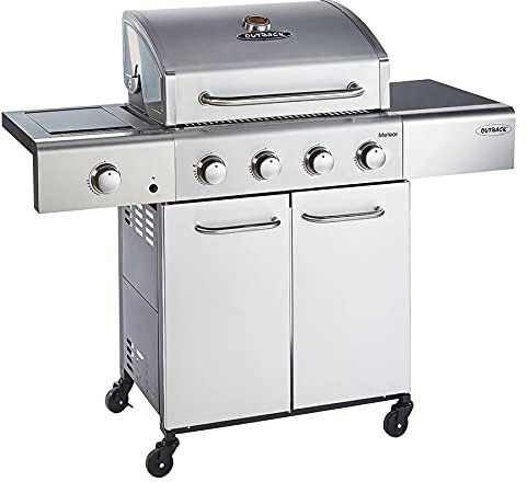 Outback Meteor 4 Burner Gas BBQ Grill, Stainless Steel | Side Burner