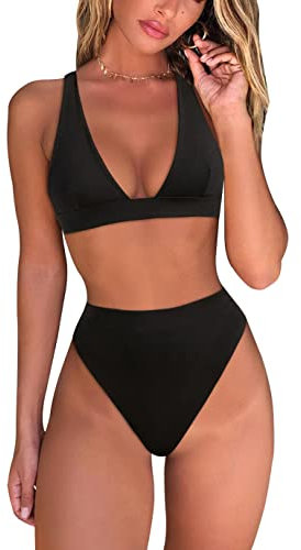fatty tiger - Bikini da Donna a Vita Alta, Perizoma Sexy Brasiliano a Triangolo, Top a Scollo a V Profondo, Costumi da Bagno a Due Pezzi, Nero, L