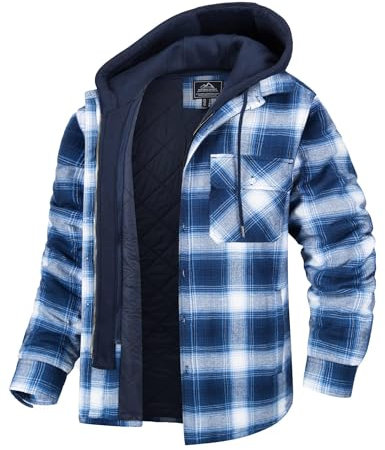 MAGCOMSEN Herren Warme Plaid Hemd Hoodie Baumwolle Hemdjacke Langarm Freizeit Kapuzenhemd Männer Fleecefutter Arbeitshemd Kariert Dick Karohemd mit Kapuze Blau Weiß S