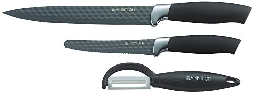 AMBITION Messer und Gemüseschäler Set Diamond 3-Tlg. Kochmesser 20 cm Gemüsemesser 11,5 cm Schäler schwarzer Griff graue Klinge
