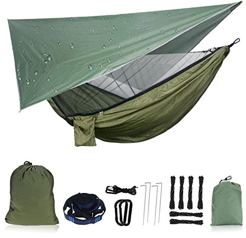 NewDoar Camping-Hängematte mit Moskitonetz und Regenfliegenplane, tragbare Einzel-Nylon-Fallschirmhängematte, Regenfliegen-Set, Baumgurte, Schaukelhängematte, Bett für Outdoor, Rucksackreisen