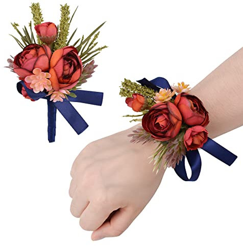 URROMA Corsage und Boutonniere Set, 1 Set künstliche Blume Handgelenk Ansteckblume und Knopflochblume für Braut Brautjungfer Bräutigam Trauzeugen Abschlussball Anzug Hochzeit Dekorationen, rot
