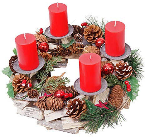 Adventskranz HWC-H49AM, Weihnachtsdeko Adventsgesteck Weihnachtsgesteck, Holz rund Ø 33cm - inkl. 4X Kerzen rot