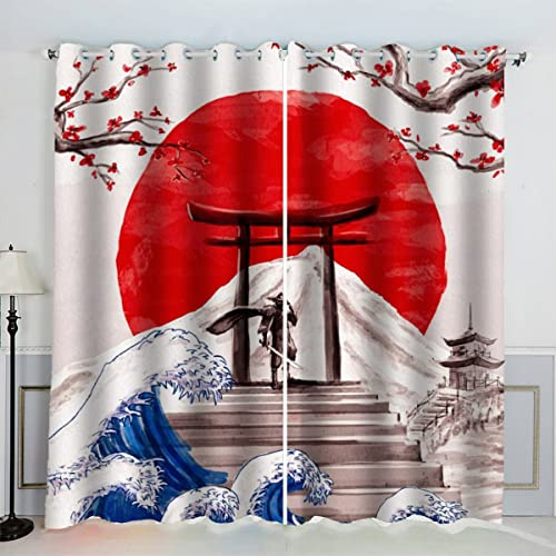 VASENA Vorhang Japanische Kunst Polyester Vorhänge mit Ösen 2er Set Gardinen Japanischer Stil 3D Drucken Verdunkelungsvorhang für Wohnzimmer Schlafzimmer (234x137 cm)