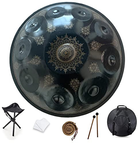 10 Notes 22 Inch Handpan, D-Minor 432hz Steel Drum Percussion instrument, Mandala Musical Performance Handmade Healing Musical Instrument Gift-Black