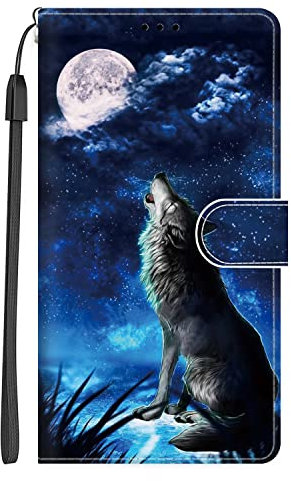 Xkladz Coque pour Samsung Galaxy A14 5G / 4G Etui à Rabat Antichoc Fente Carte Support Magnétique Cover Motif Étui en Cuir Protection Pochette Housse Portefeuille Flip Case pour Galaxy A14 - Loup Bleu