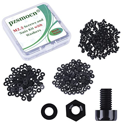 Pzsmocn 300 Pièces/100 Ensembles M2,5*4 mm en Plastique Nylon Noir Croix Tête Ronde Vis Écrou Hexagonal Combinaison Kit avec Rondelle Isolante Taille Standard, pour Bricolage, Assemblage Électronique.