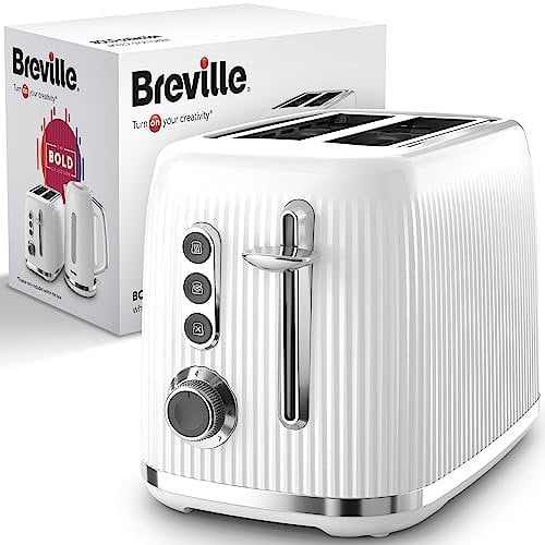 Breville Grille-pain blanc audacieux à 2 tranches avec fentes hautes et larges | Chrome blanc et argent [VTR037
