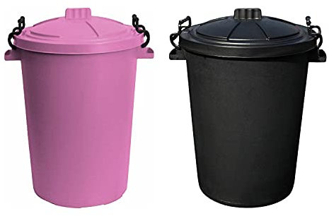 Set of 2 - 50Litre Pink And Black Heavy Duty Plastic Clip Lock Lid Bin Indoor or Outdoor Rubbish, Trash Can, Dustbin Waste or Storage of Animal Feed, Colourful Bins - Made in U.K. (Black & Pink)