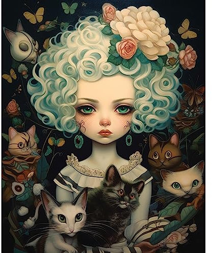 Ölgemälde mit lockigem Haar und ihrer Katze zum Selbermachen, für Erwachsene, Anfänger, ohne Rahmen, coole Puppen, Malen nach Zahlen auf Leinwand, mit Pinseln und Acrylpigment, für Heimdekoration,