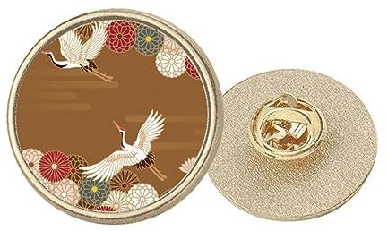 Broche ronde en métal doré avec motif de grues et fleurs, M